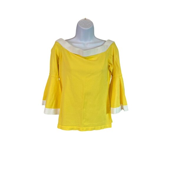 Boston Proper Knit Blouse M Yellow Off-Shoulder Bell Sleeves Casual Resort Chic - Picture 2 of 9